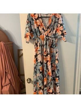Floral Midi Dress with Orange & Blue Bloom Print